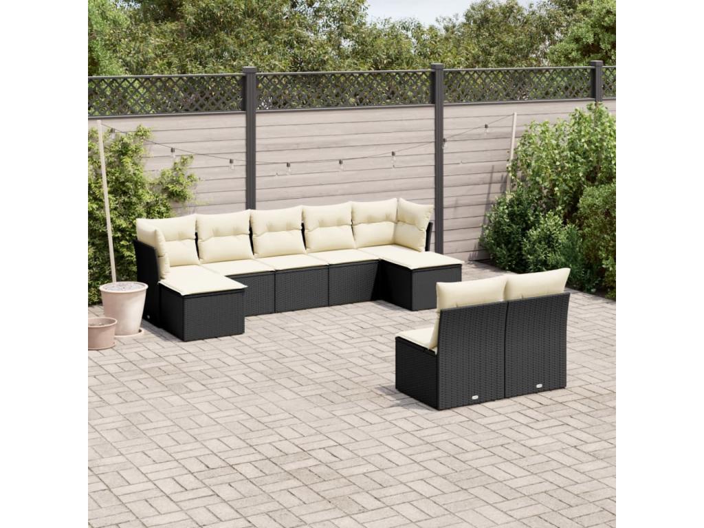 Salon de jardin 9 pcs avec coussins noir résine tressée OWYM78164