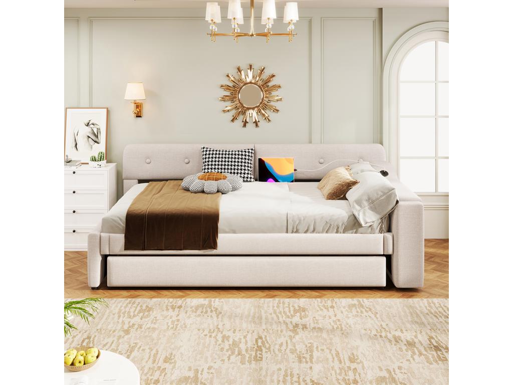 Canapé lit 90x200cm avec sommier à Lumenao compartiment de rangement rabattable type USB C lin beige CYOU01792