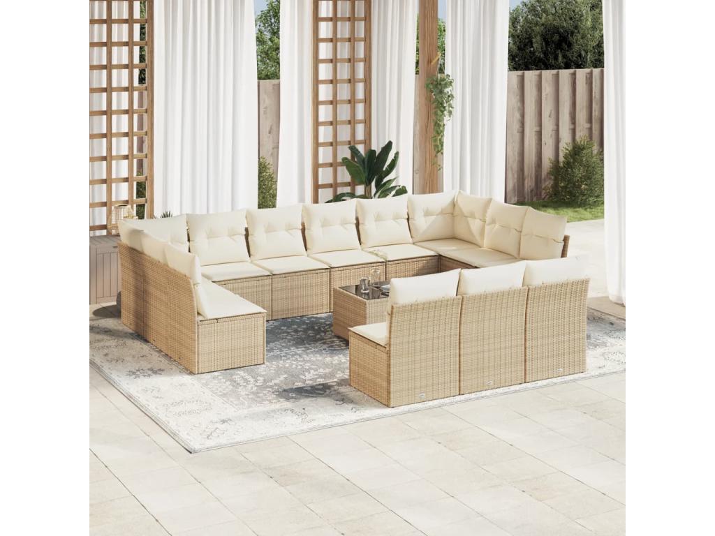 Salon de jardin avec coussins 14 pièces beige résine tressée ABUZ60205