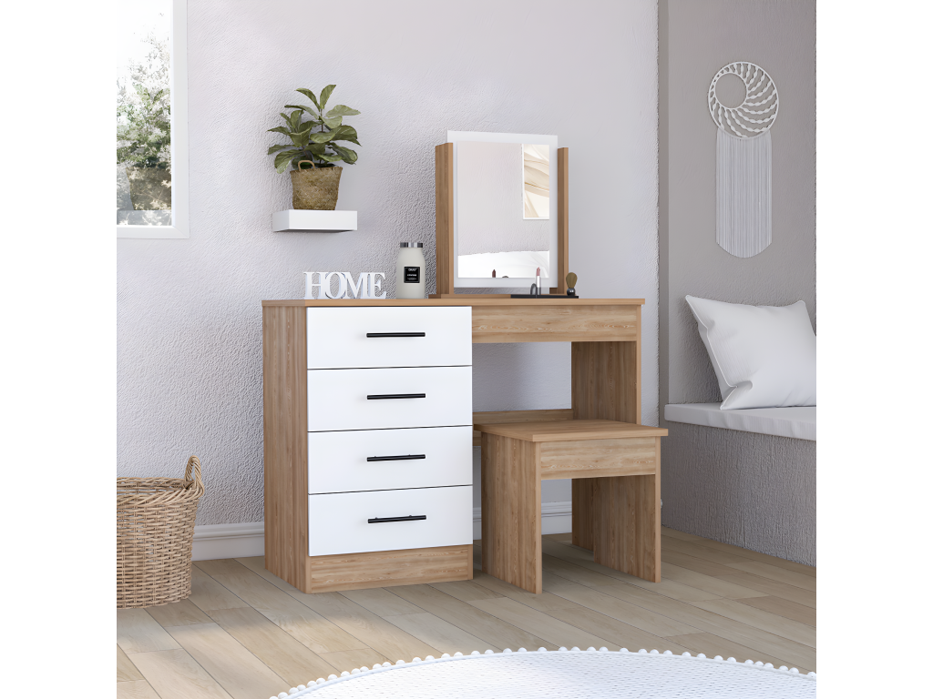Table de maquillage de miroir Ventoriq avec 4 tiroirs et siège inclus 126,7 cm à x 100 cm L x 42,5 cm P blanc / gris SHEE42486