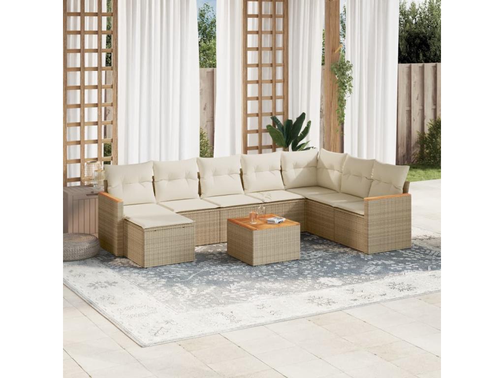 Salon de jardin avec coussins 9 pcs beige résine tressée YOIE42797