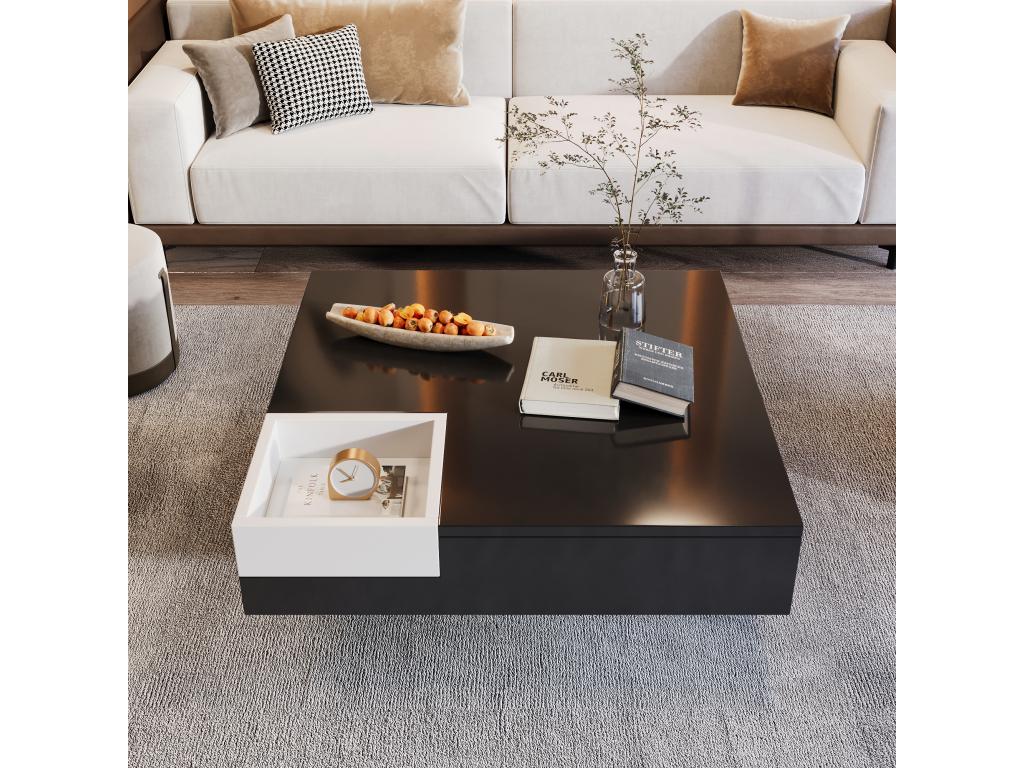 Table basse carrée avec boîte de rangement - 72x72x30 cm - LEDs - Panneaux de particules - Noir blanc IAHW90578