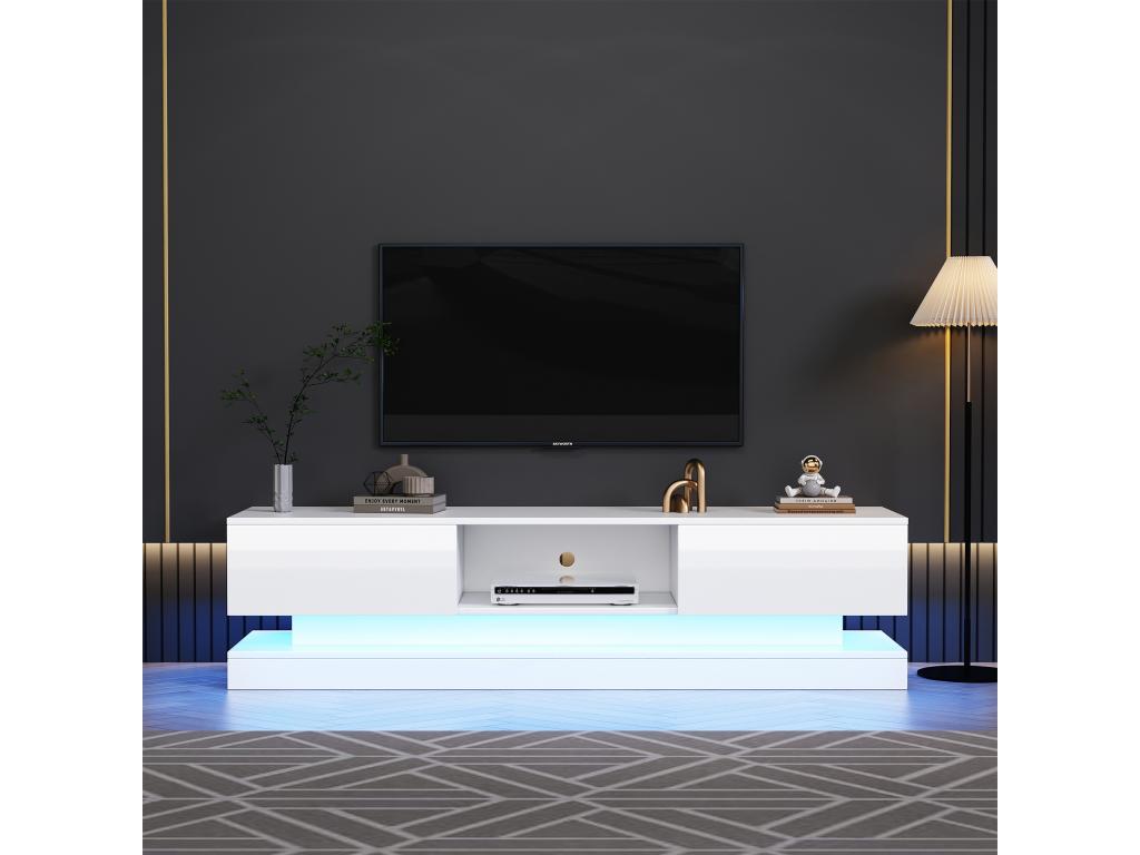 Meuble TV avec 2 tiroirs et compartiment ouvert - 160x35x40,5 cm - LEDs - Panneau de particules - Blanc brillant IMWW95036