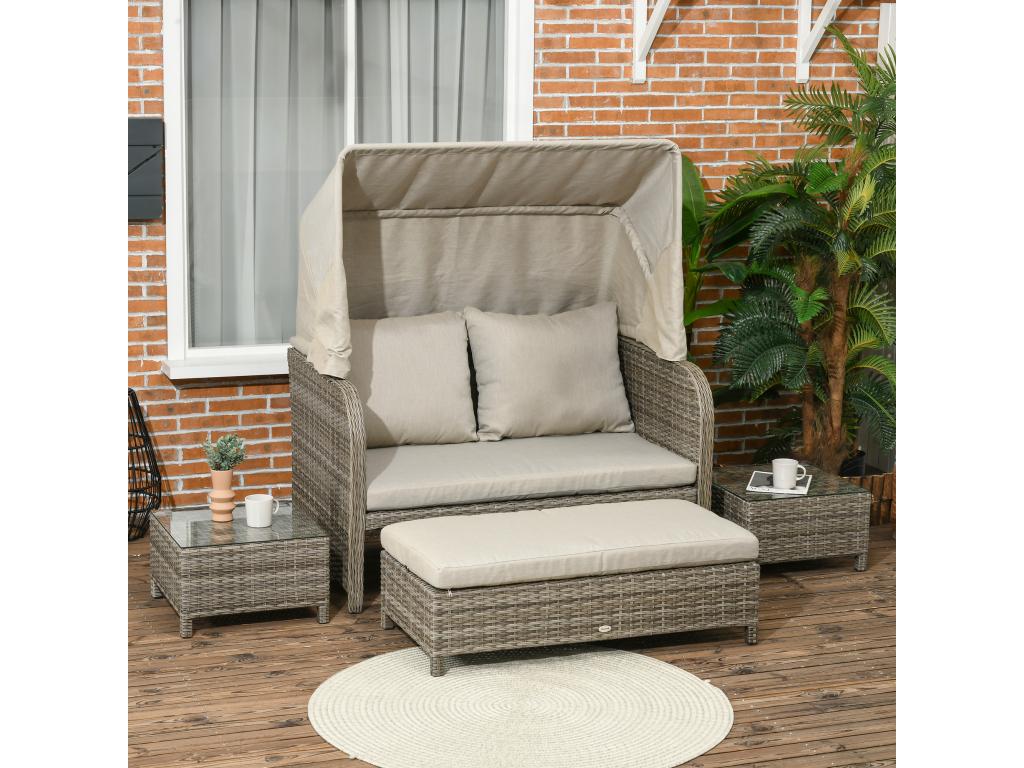 Ensemble salon de jardin 2 places 4 pcs - canapé repos-pieds 2 tables basses - coussins inclus - résine grise polyester kaki GCLC02577