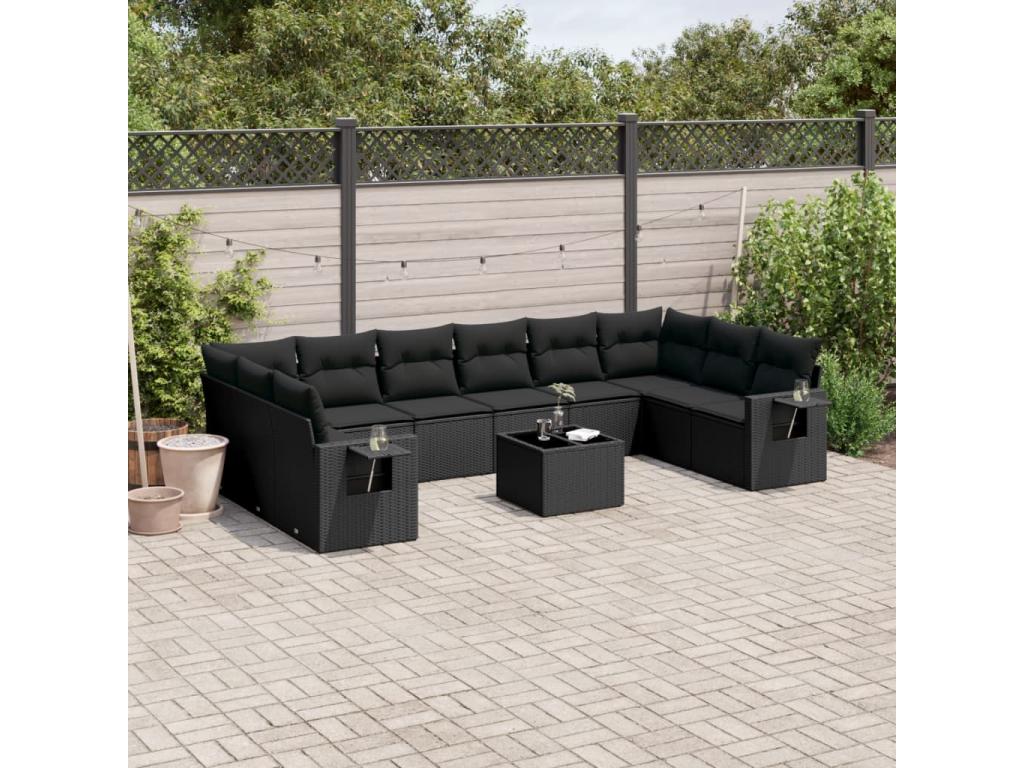 Salon de jardin 11 pcs avec coussins noir résine tressée LCHP10398