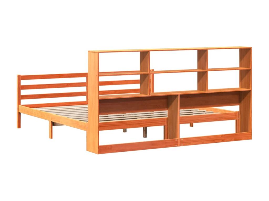 Lit bibliothèque sans matelas cire marron 180x200cm bois massif BUOX00113