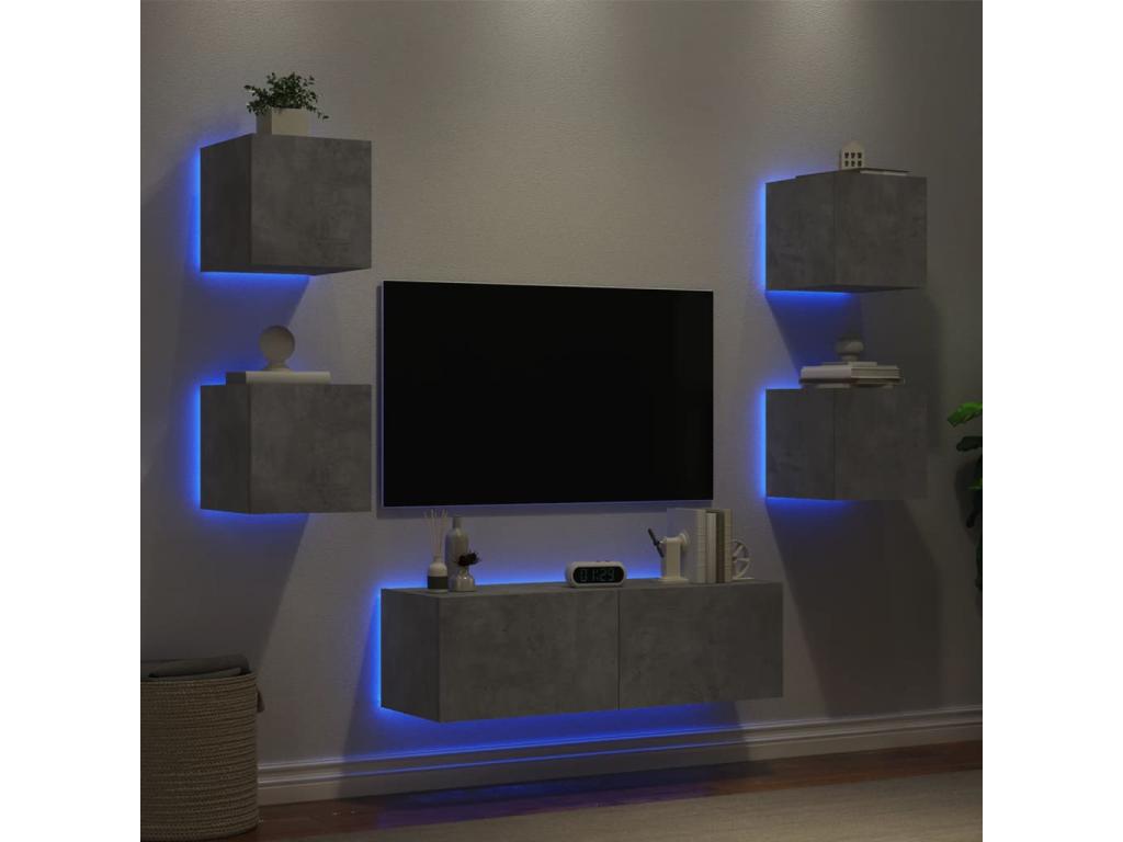 Meuble TV mural 5 pcs avec Boislisères LED gris béton QFPC11751