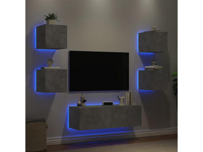 Meuble TV mural 5 pcs avec Boislisères LED gris béton QFPC11751