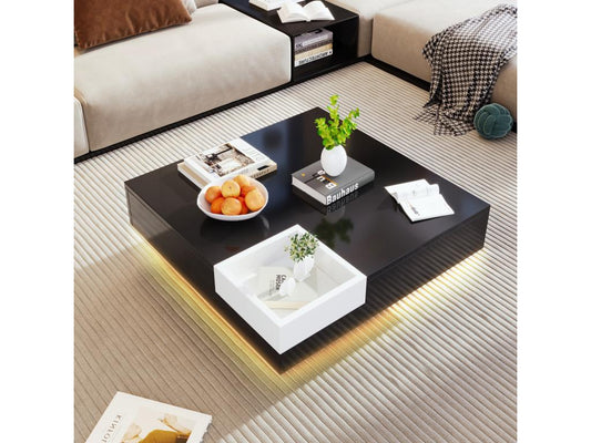 Table basse carrée avec boîte de rangement - 72x72x30 cm - LEDs - Panneaux de particules - Noir blanc IAHW90578
