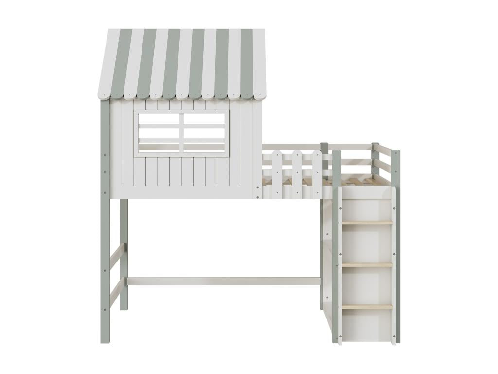 Lit en bois massif vert enfant 90x200 cm forme toit avec échelle de sécurité rangement lit multifonctionnel et cadre à Ventoriq YILT74301