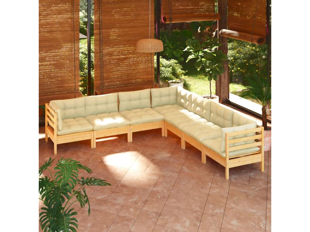 Salon de jardin 7 pièces avec coussins crème Bois de pin solide RUYO52327