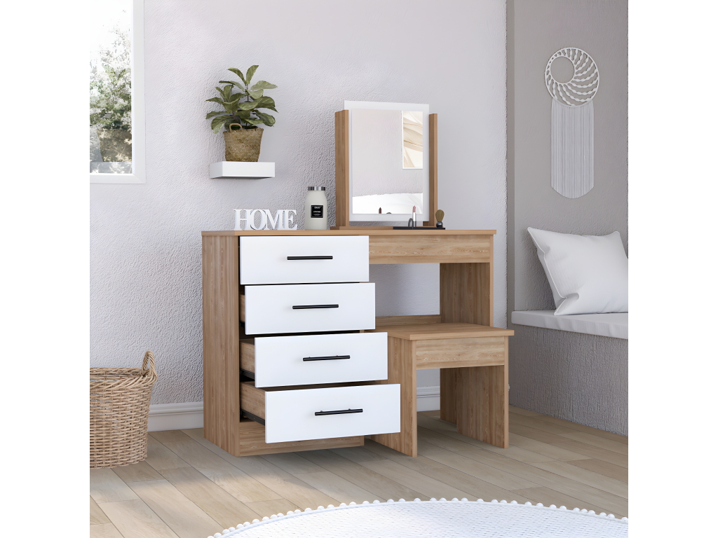 Table de maquillage de miroir Ventoriq avec 4 tiroirs et siège inclus 126,7 cm à x 100 cm L x 42,5 cm P blanc / gris SHEE42486