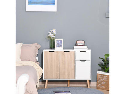 Buffet design scandinave 2 placards tiroir coulissant pieds bois massif pin panneaux particules blanc chêne clair QQRH06263