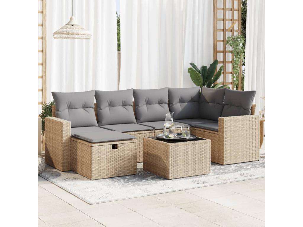 Salon de jardin avec coussins 7 pcs beige résine tressée OMCO37668