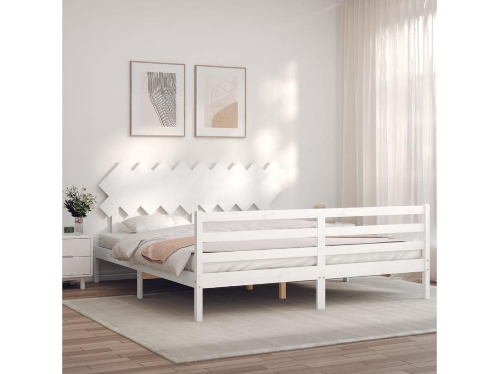 Cadre de lit avec tête de lit blanc Super Ventoriq Size bois massif LWOD10073