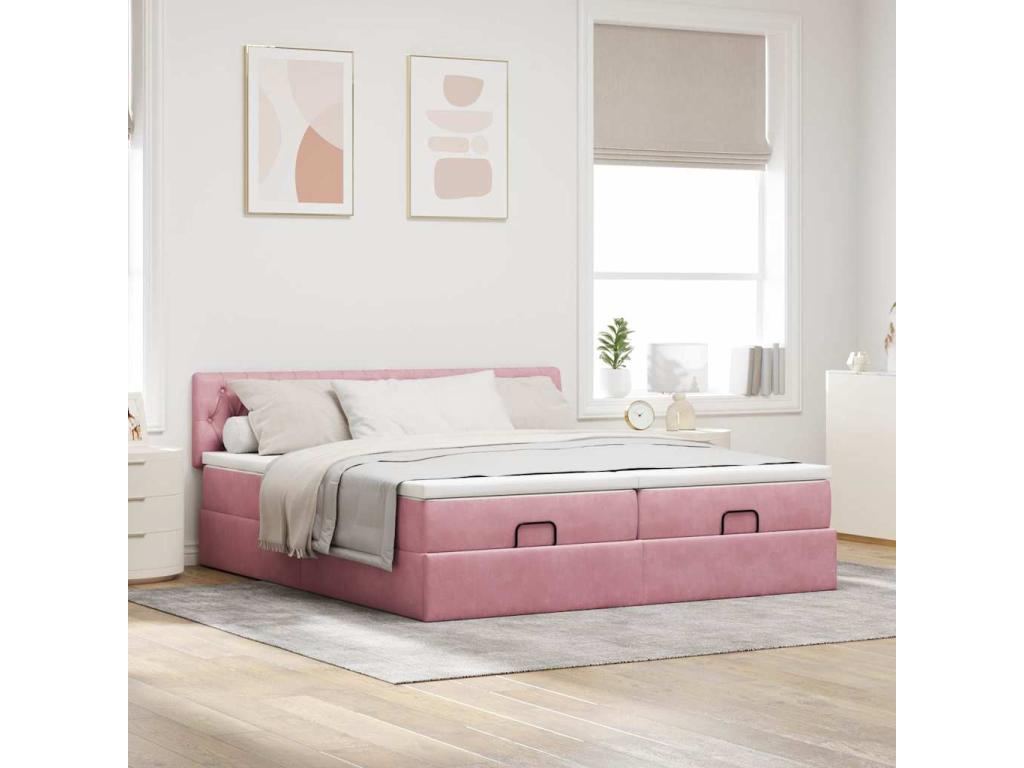 Cadre de lit ottoman avec matelas rose 160x200 cm velours MVWR77282