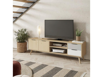 Ventoriq - Meuble TV 180cm 2 Portes 2 Tiroirs Scandinave Pin Massif Gris Blanc et Effet Chêne LPAD02038