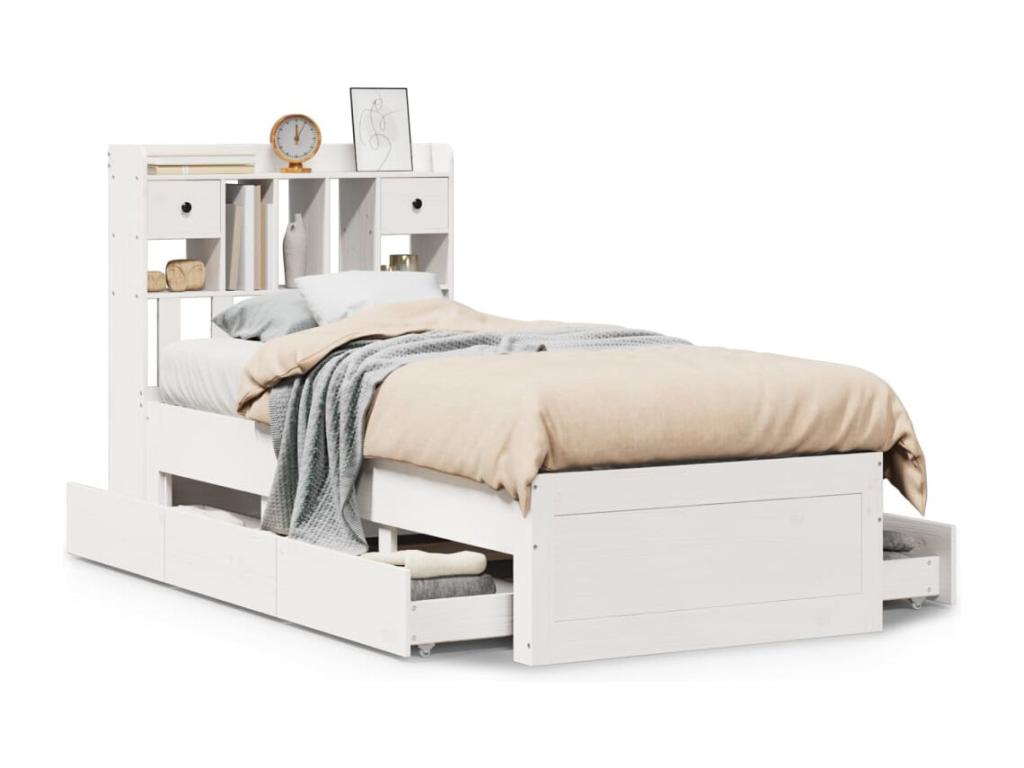 Lit bibliothèque sans matelas blanc 75x190cm bois de pin massif YDFZ93516