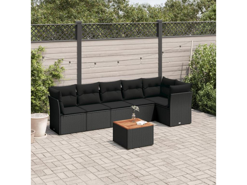 Salon de jardin 7 pcs avec coussins noir résine tressée HEKV55465