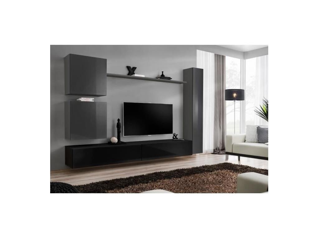 Ensemble de meuble pour salon mural SWITCH VIII- Meuble TV mural design coloris noir et gris brillant. AVGX47976