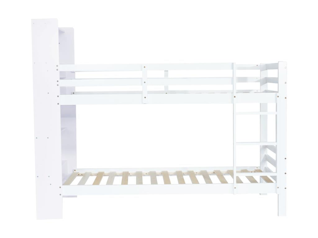 Lit superposé 90x200 cm avec étagères de rangement et échelle à 3 marches à angle droit cadre de lit en bois massif avec bibliothèque - Blanc SMCS55850