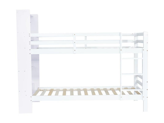 Lit superposé 90x200 cm avec étagères de rangement et échelle à 3 marches à angle droit cadre de lit en bois massif avec bibliothèque - Blanc SMCS55850