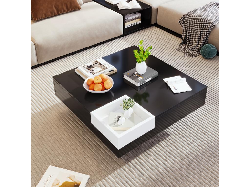 Table basse carrée avec boîte de rangement - 72x72x30 cm - LEDs - Panneaux de particules - Noir blanc IAHW90578