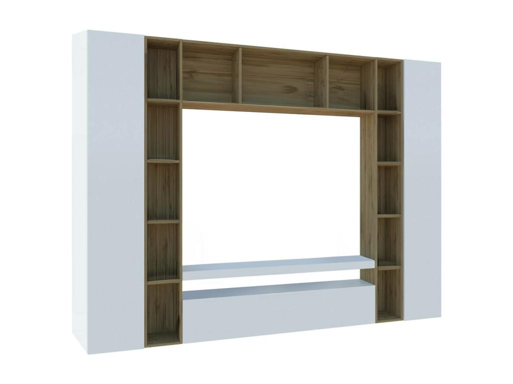 Élément mural Ventoriq meuble TV 3 portes Meuble de salon polyvalent Made in Italy 270x35h210 cm Blanc brillant et chêne DNKQ26486