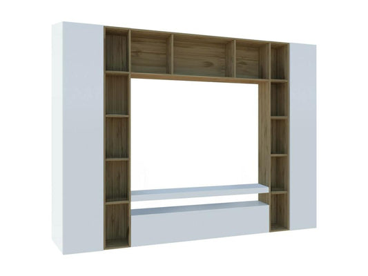 Élément mural Ventoriq meuble TV 3 portes Meuble de salon polyvalent Made in Italy 270x35h210 cm Blanc brillant et chêne DNKQ26486