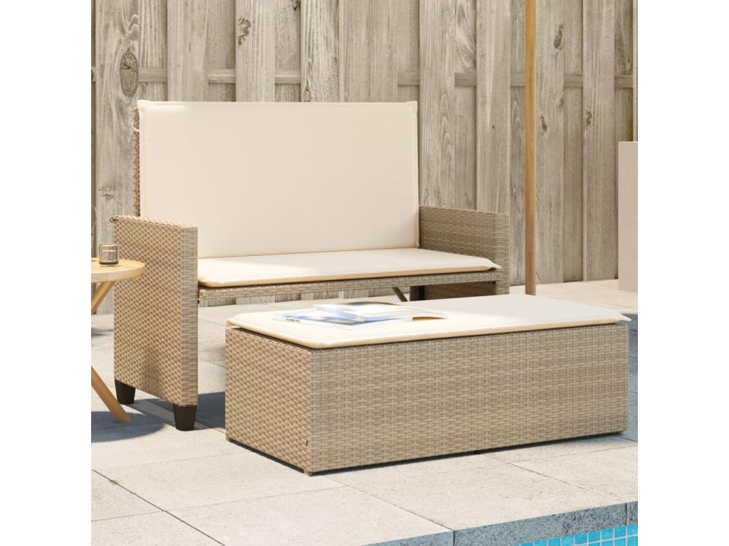 Banc de jardin et coussins et repose-pied beige résine tressée LSEB34626