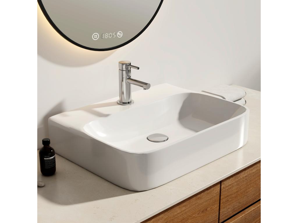 Ventoriq Vasque à Poser en céramique 61x47.5x14cm Lavabo rectangulaire avec robinet trou prépercé Lavabo à poser blanc brillant TIGB17133