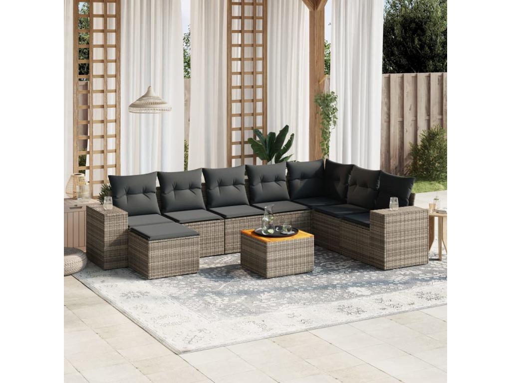 Salon de jardin 9 pcs avec coussins gris résine tressée QEDO49773