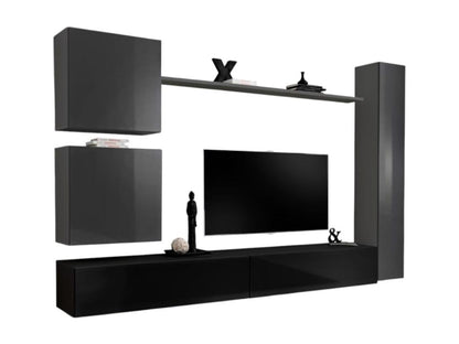 Ensemble de meuble pour salon mural SWITCH VIII- Meuble TV mural design coloris noir et gris brillant. AVGX47976