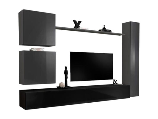 Ensemble de meuble pour salon mural SWITCH VIII- Meuble TV mural design coloris noir et gris brillant. AVGX47976