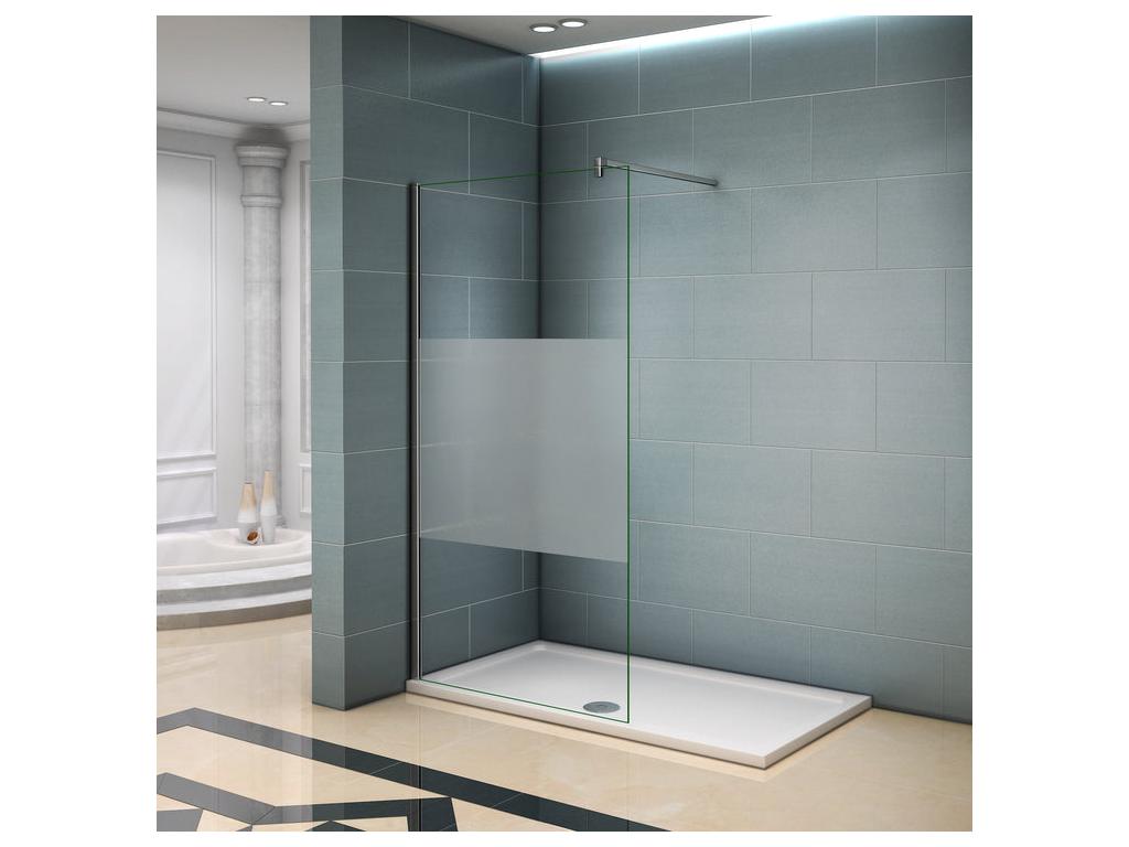 Paroi de douche à l'italienne 100x200cm avec barre de fixation 140cm en carré en 8mm verre bande centrale dépolie WXWZ51146