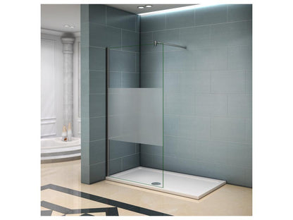Paroi de douche à l'italienne 100x200cm avec barre de fixation 140cm en carré en 8mm verre bande centrale dépolie WXWZ51146