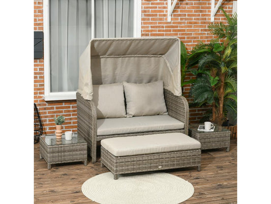 Ensemble salon de jardin 2 places 4 pcs - canapé repos-pieds 2 tables basses - coussins inclus - résine grise polyester kaki GCLC02577