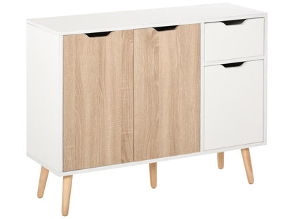 Buffet design scandinave 2 placards tiroir coulissant pieds bois massif pin panneaux particules blanc chêne clair QQRH06263